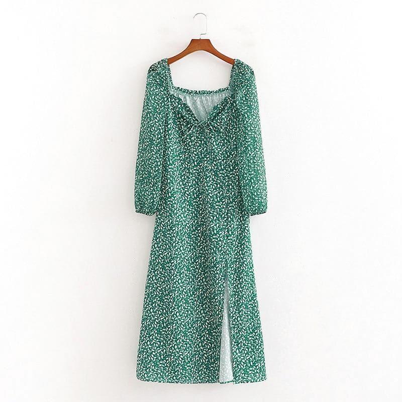 vintage long sleeve green floral maxi dress
