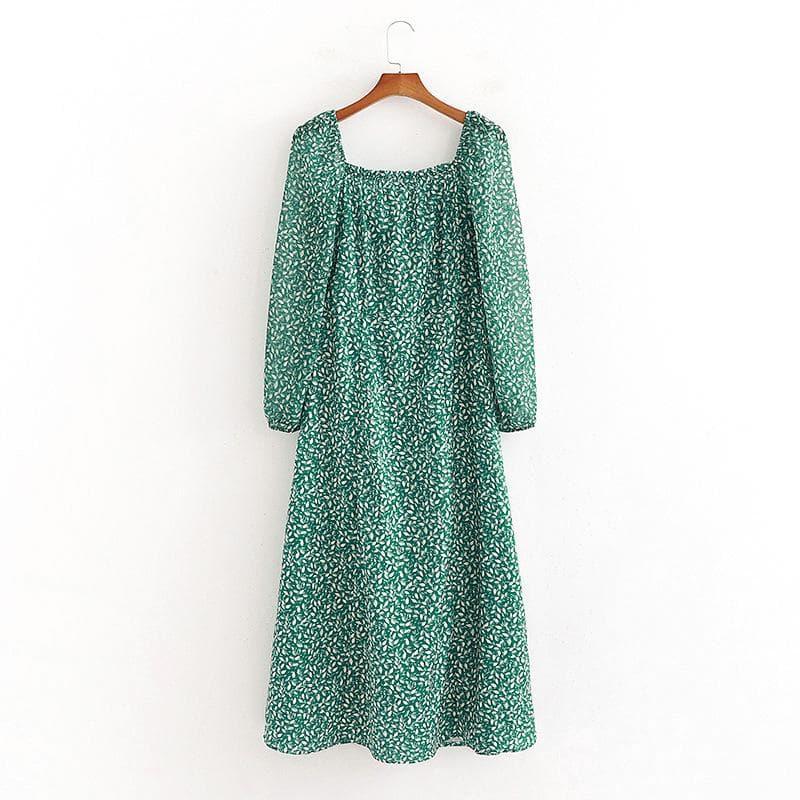 vintage long sleeve green floral maxi dress