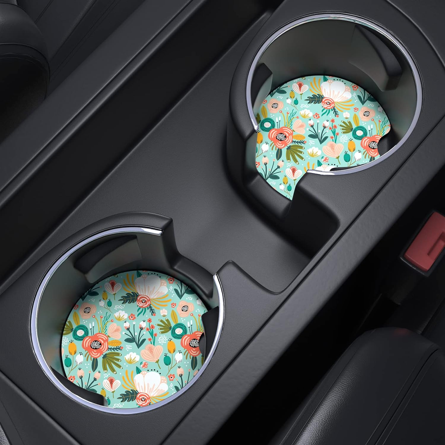 Nipichsha Car Cup Holder Coasters, Car Coasters for Cup Holders, 2 Pack Anti Slip Insert Coasters, Rubber Car Cup Mat with A Finger Notch, Cute Car Interior Accessories for Women Men(Green Flower)
