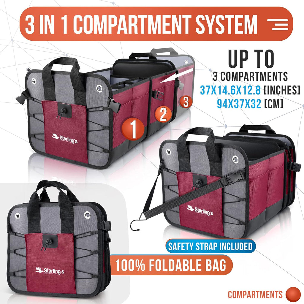 Starling's Car Trunk Organizer - Durable Storage SUV Cargo Organizer Adjustable (Bordeaux, 3 Compartments)