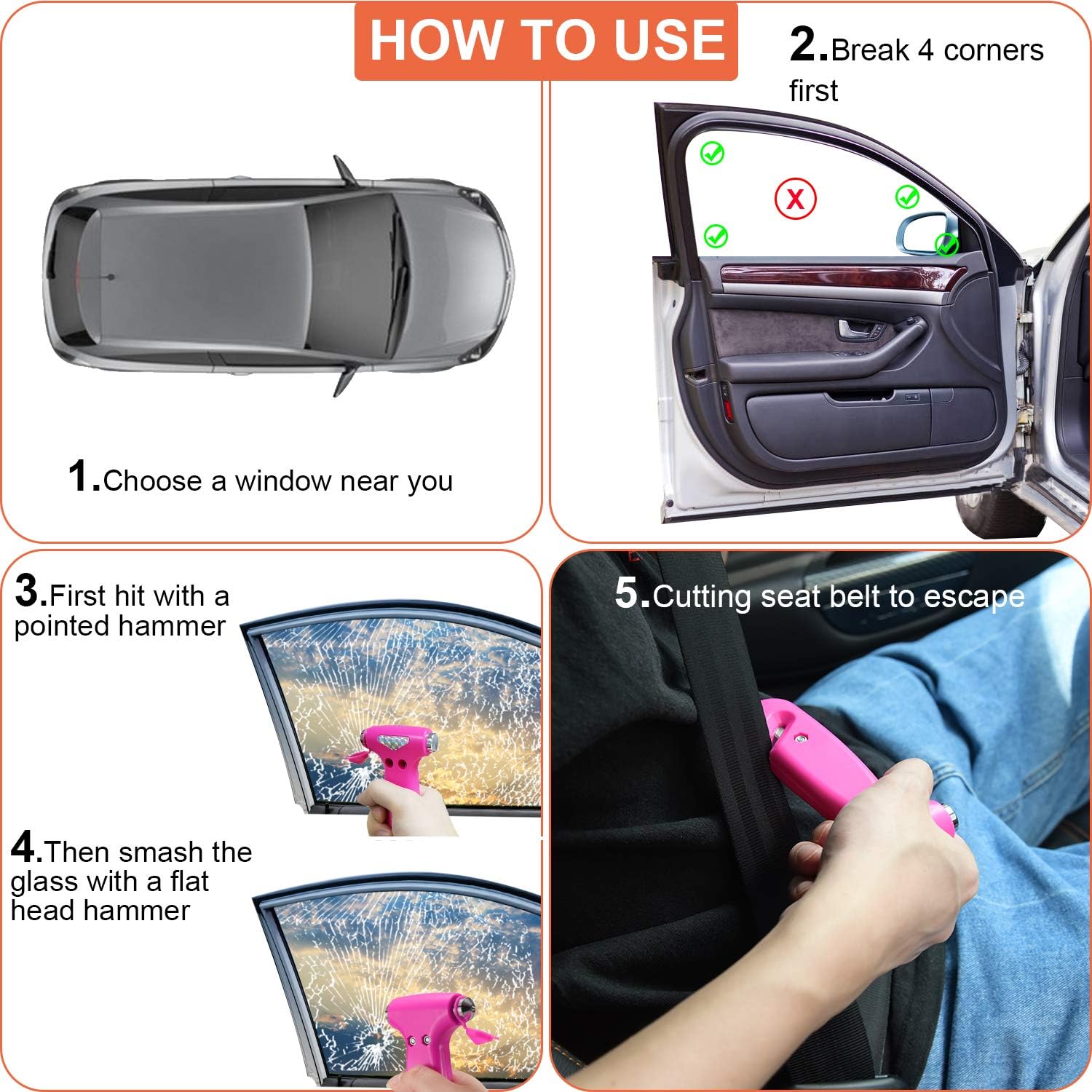 THINKWORK Car Safety Hammer for Teen Girl and Lady's Gifts, 2 Pack Three-in-One Emergency Escape Tool with Window Breaker and Seat Belt Cutter, Safety Emergency Car Escape Tool for Family, Children.