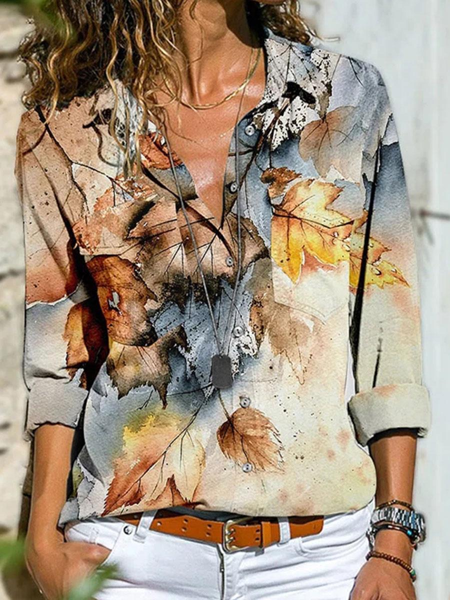 Fashion Lapel Leaf Print Long-sleeved Casual Blouse