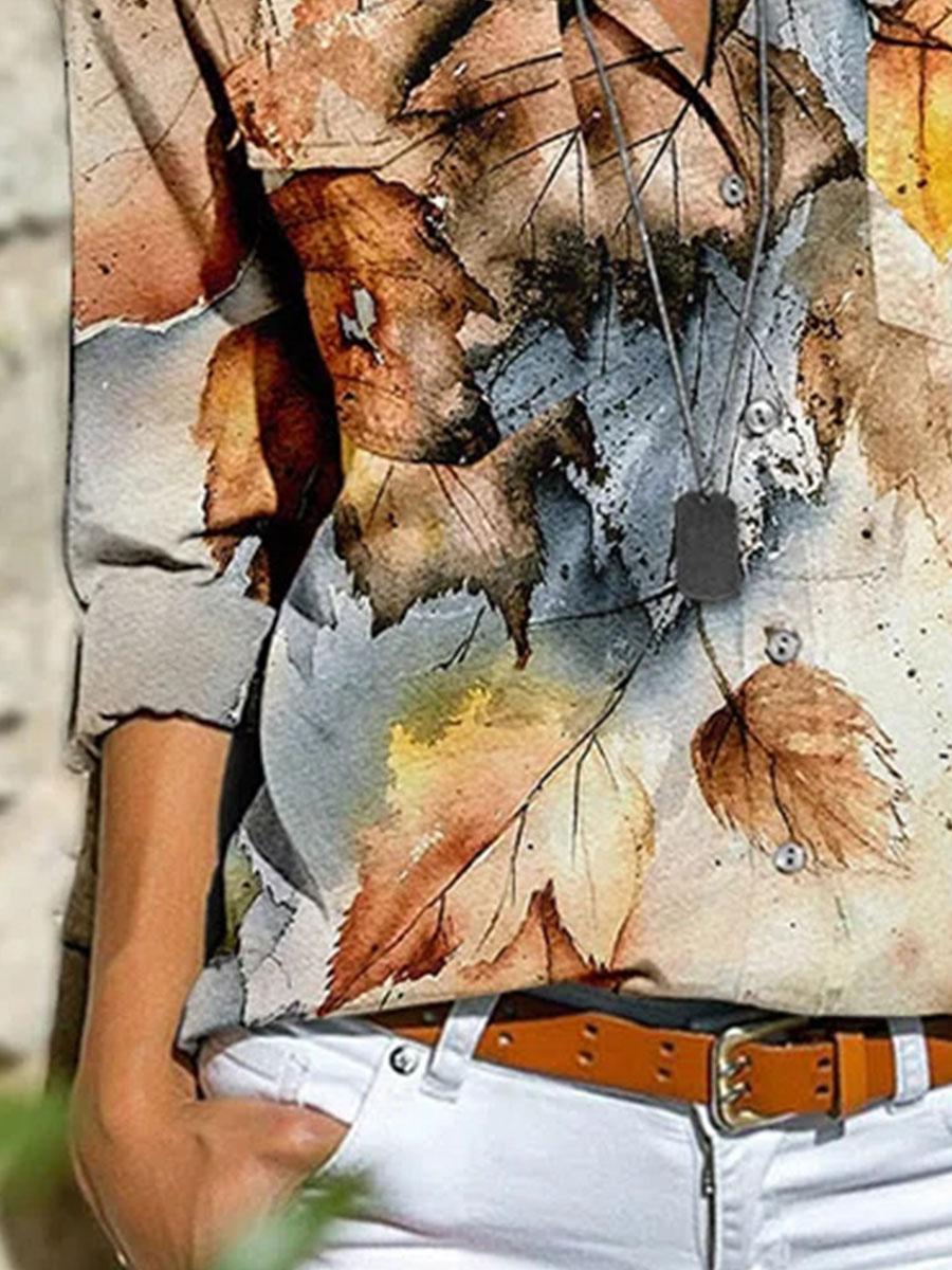 Fashion Lapel Leaf Print Long-sleeved Casual Blouse