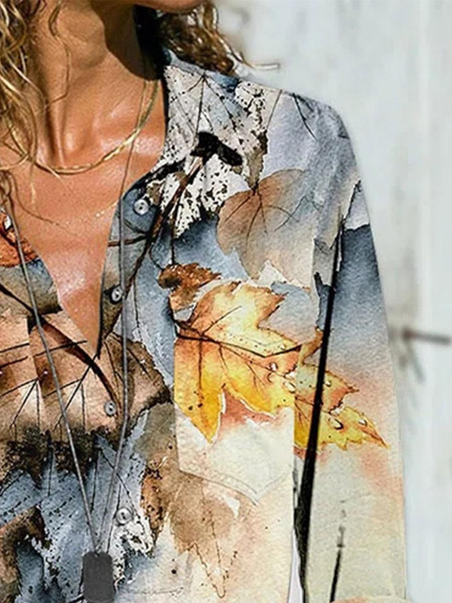 Fashion Lapel Leaf Print Long-sleeved Casual Blouse
