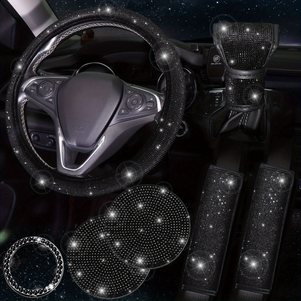 Bling Car Accessories For Women,Bling Steering Wheel Cover Bling Car Coasters Bling Set Seat Belt Shoulder Pads Ring Emblem Sticker Gear Shift Cover