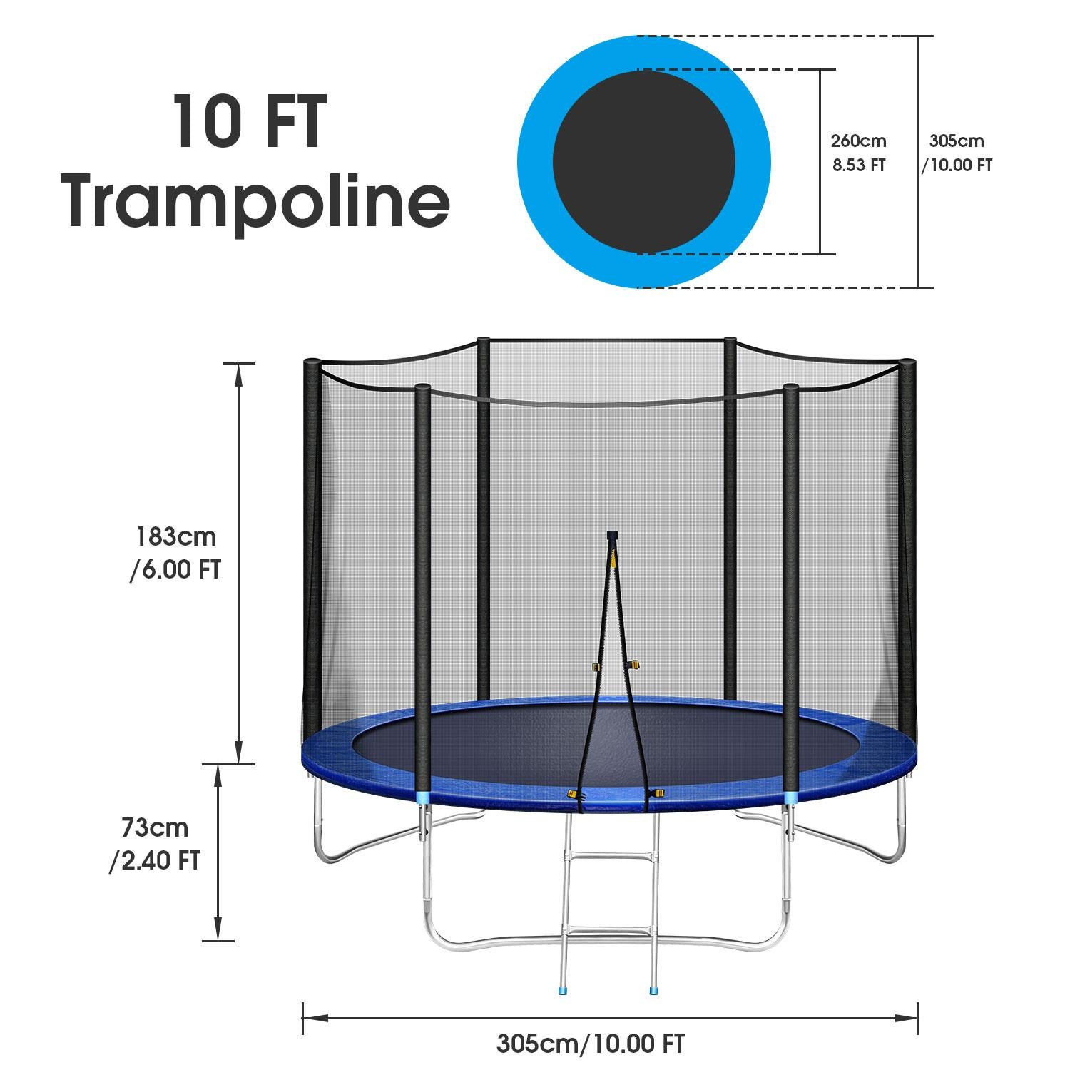 Trampoline 10 FT with Safe Enclosure Net, Kids Trampoline for Play &amp; Exercise Indoor or Outdoor, 661 LB Capacity for 3-4 Kids, Waterproof Jump Mat, Backyard Trampoline Ladder for Adults Jump Sports