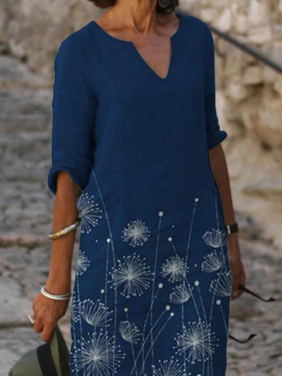 Ladies Dandelion Printed V-neck Casual Shift Dress