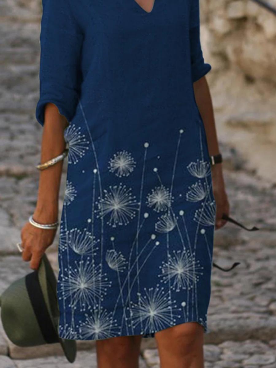 Ladies Dandelion Printed V-neck Casual Shift Dress