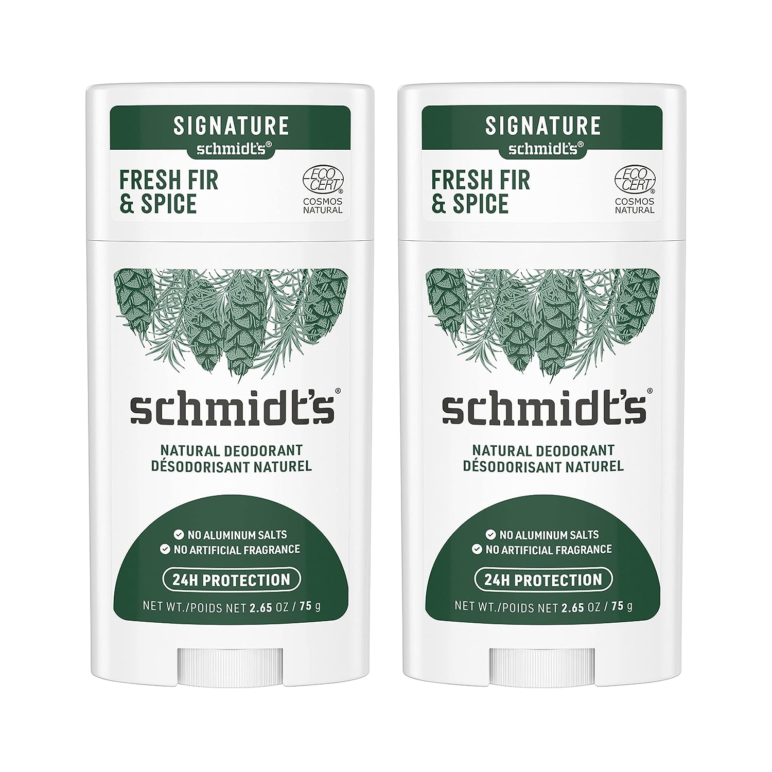 Schmidt's Aluminum Free Natural Deodorant for Women and Men, Fresh Fir &amp; Spice with 24 Hour Odor Protection, Certified Natural, Cruelty Free, Vegan Deodorant 2.65oz 2-pk