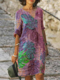 printed mid-sleeve V-neck dress
