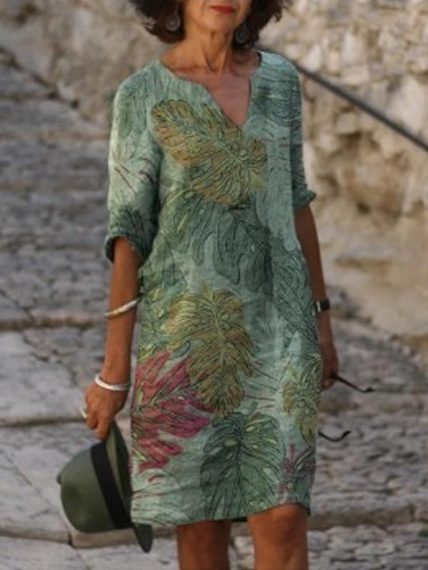 printed mid-sleeve V-neck dress