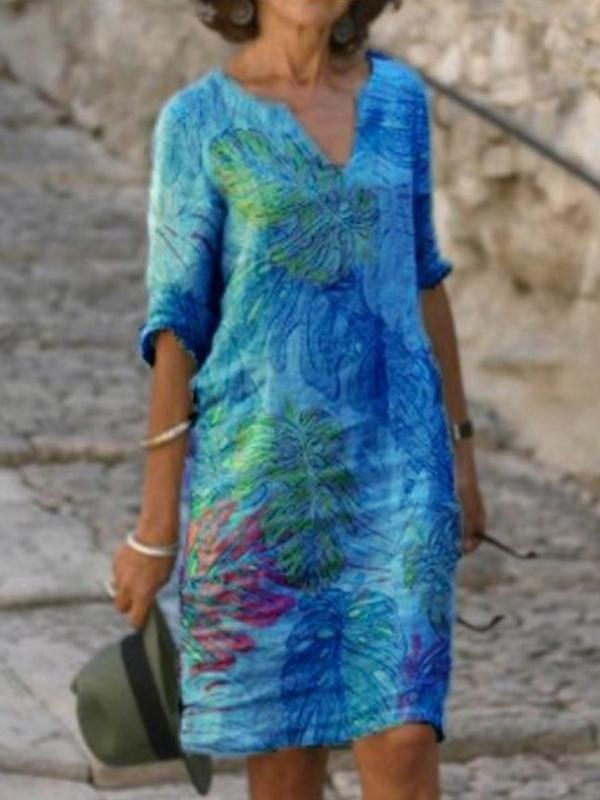 printed mid-sleeve V-neck dress