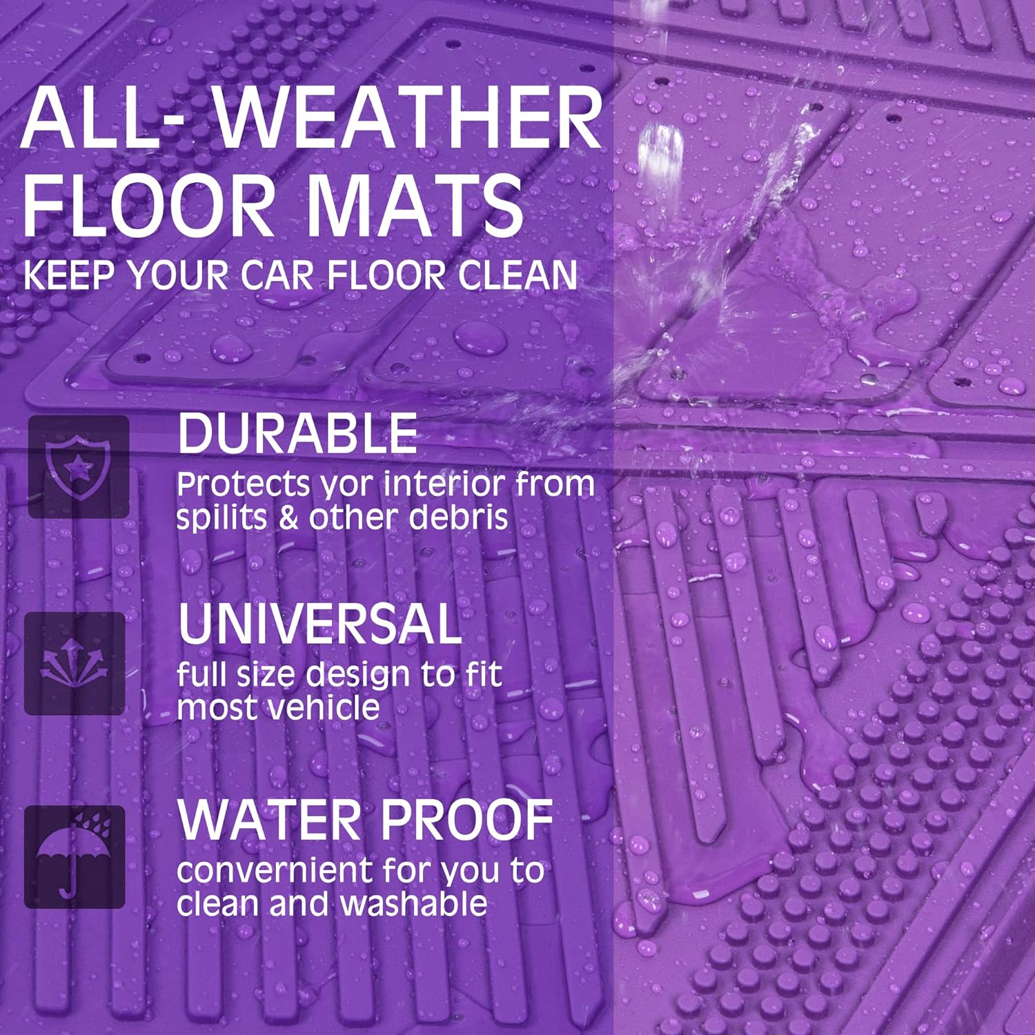 CAR PASS Heavy Duty Rubber Floor Mats 4-Piece Car Mat Set - Universal Waterproof Floor Mats for Car SUV Truck, Durable All-Weather Mats(Purple)