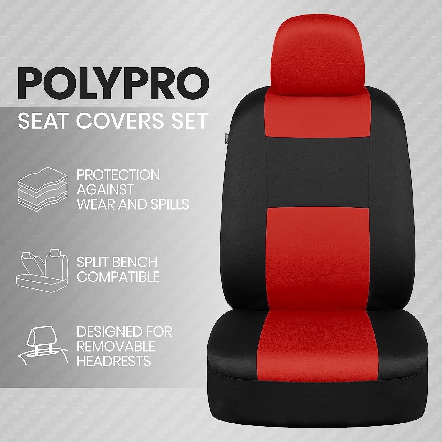 BDK PolyPro Car Seat Covers Full Set in Red on Black – Front and Rear Split Bench Seat Covers, Easy to Install, Accessories for Auto Trucks Van SUV