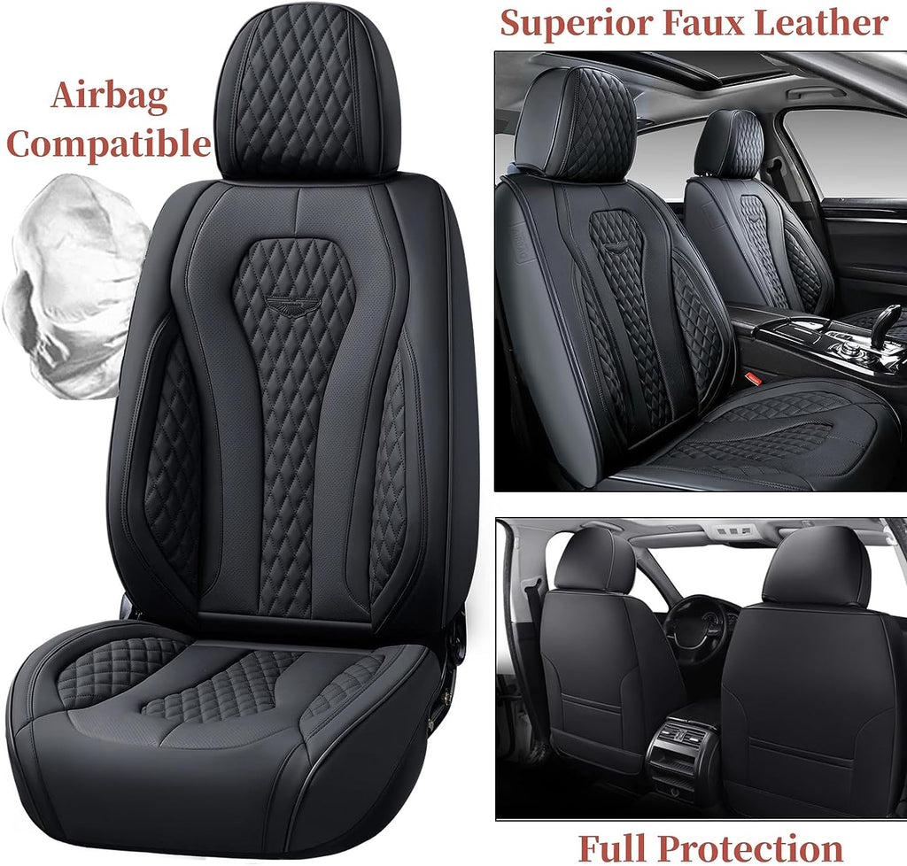 Coverado Leather Seat Covers Front, 2-Pack Universal Seat Covers for Cars, Waterproof Luxury Leatherette Car Seat Cushions, Auto Car Seats Protectors, Driver Seat Covers Fit for Most Vehicles Black