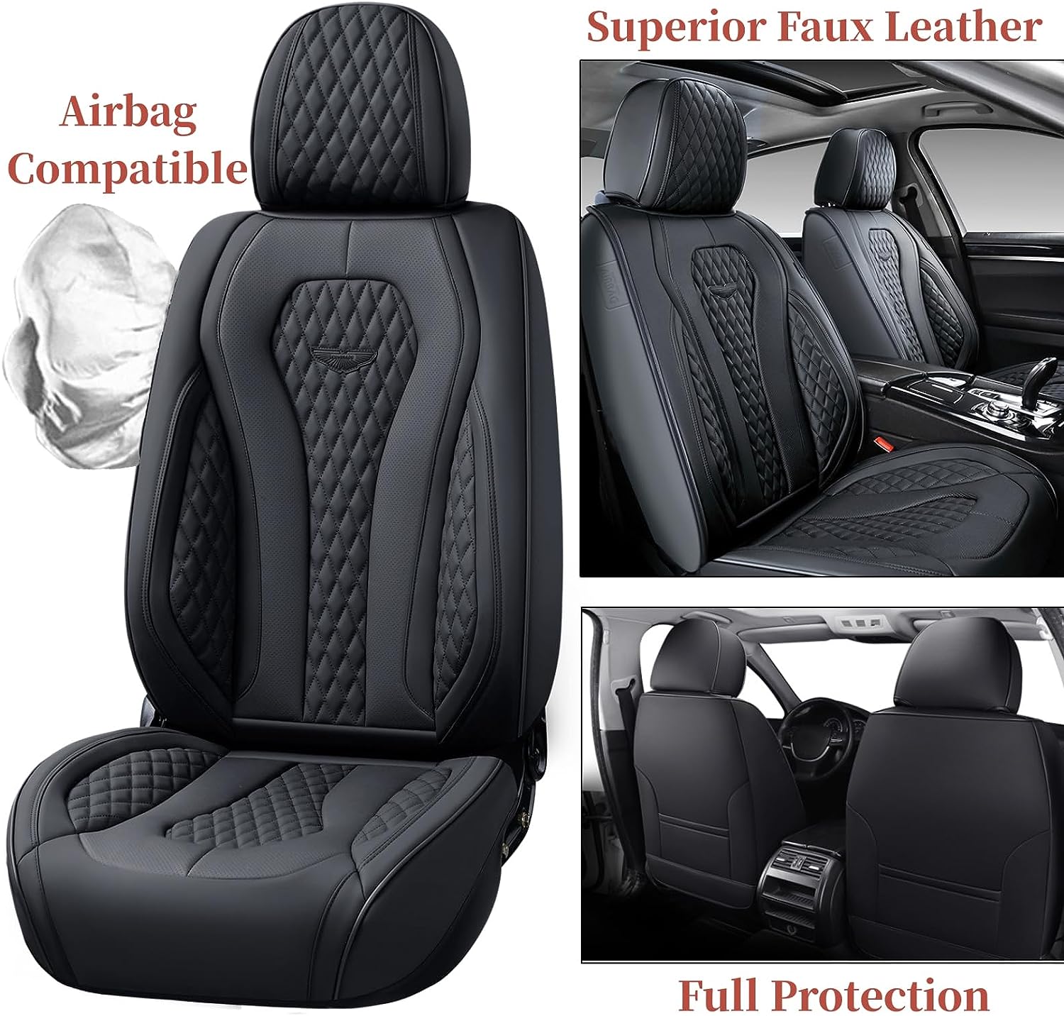 Coverado Leather Seat Covers Front, 2-Pack Universal Seat Covers for Cars, Waterproof Luxury Leatherette Car Seat Cushions, Auto Car Seats Protectors, Driver Seat Covers Fit for Most Vehicles Black
