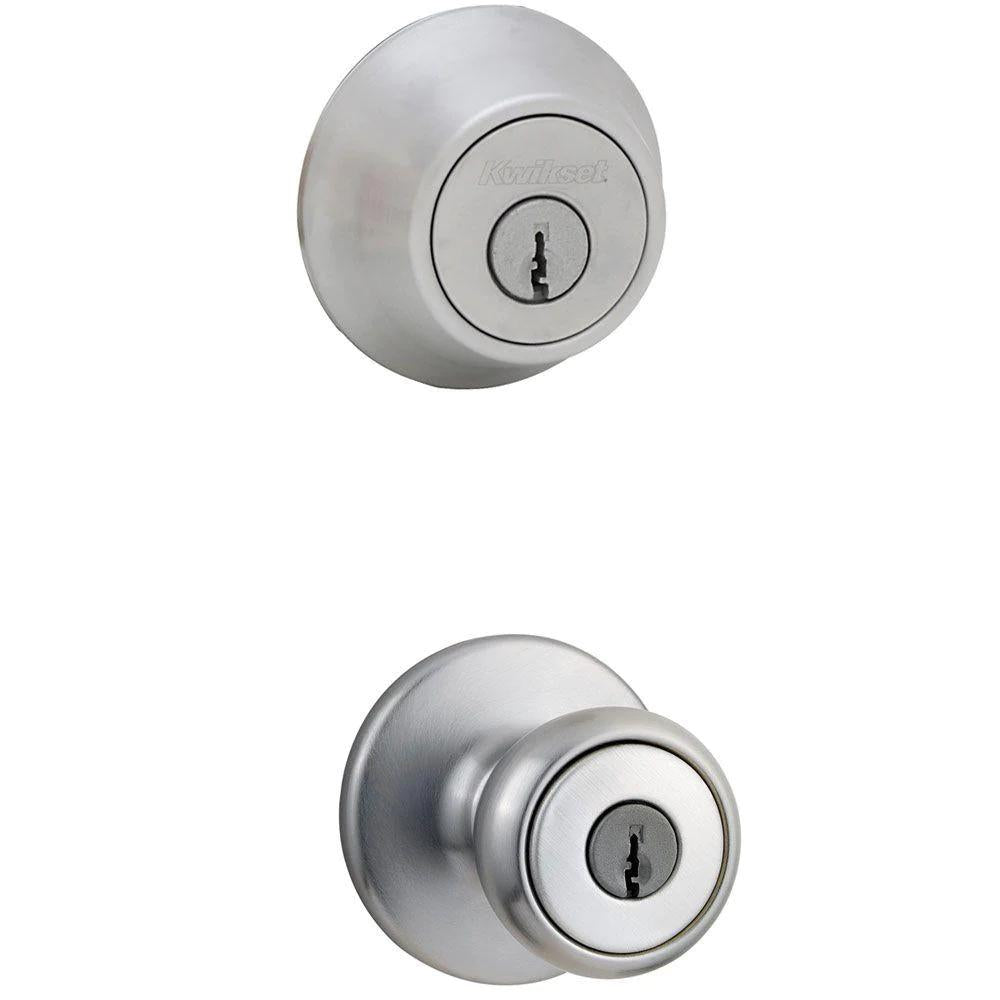 Tylo Satin Chrome Entry Door Knob and Single Cylinder Deadbolt Combo Pack