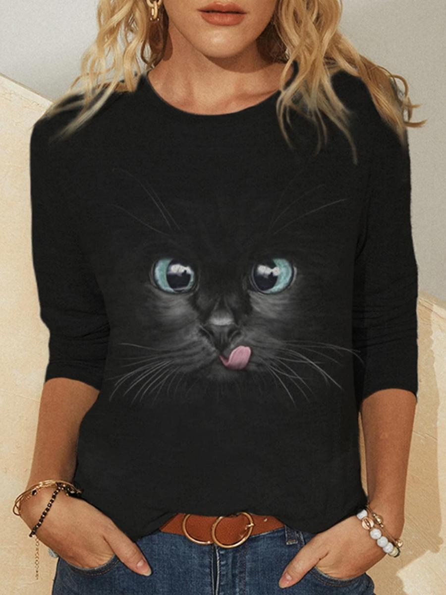 Casual Cat Print Long Sleeve T-Shirt