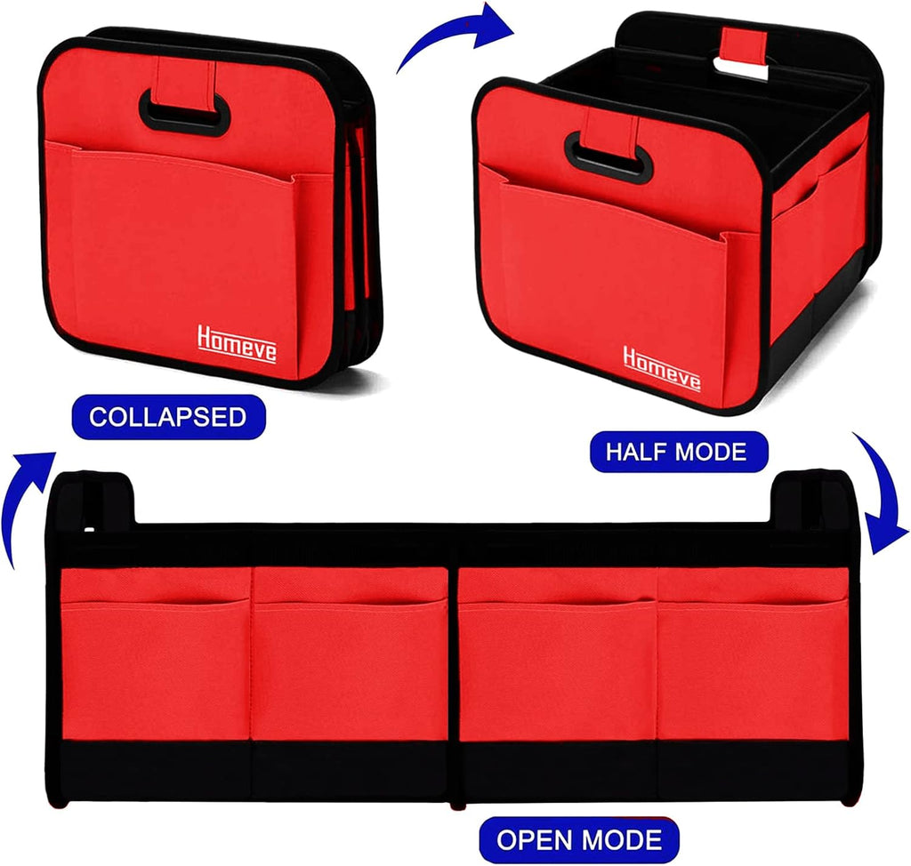 Homeve Trunk Organizer for Car, Car Storage, Reinforced Handles, Collapsible Multi-Compartment Car Organizers Foldable and Waterproof, 600D Oxford Polyester, Suitable for Any Car, SUV, Mini-Van, Red
