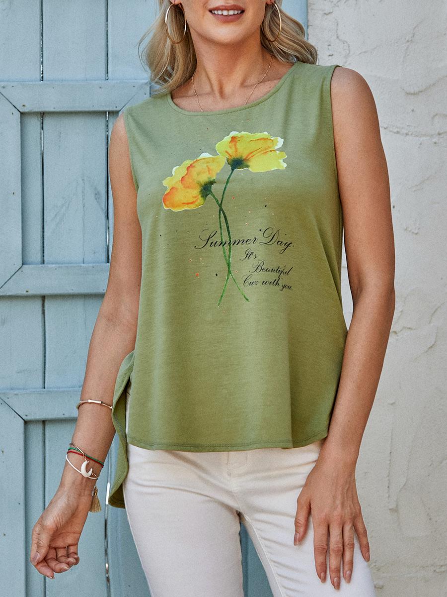 Womens Floral Print Round Neck Sleeveless T-shirt