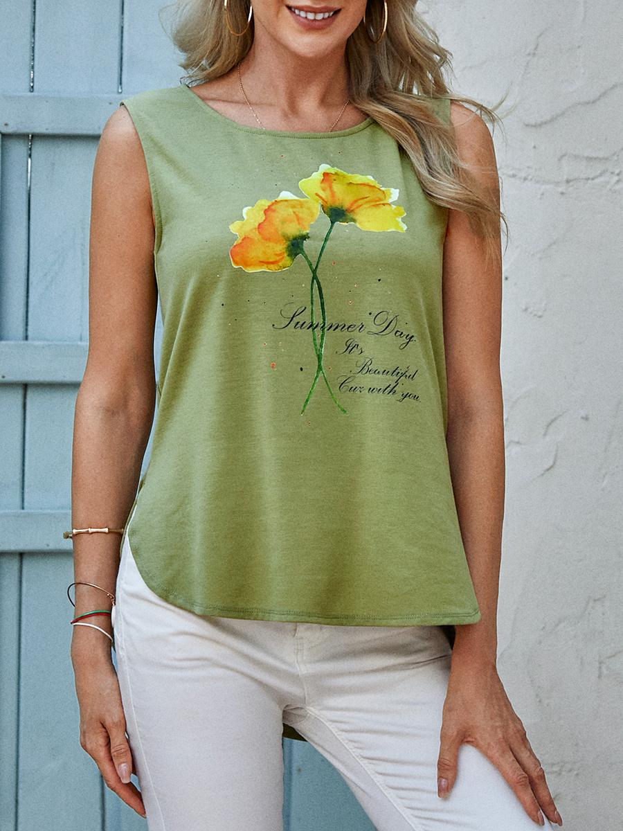 Womens Floral Print Round Neck Sleeveless T-shirt