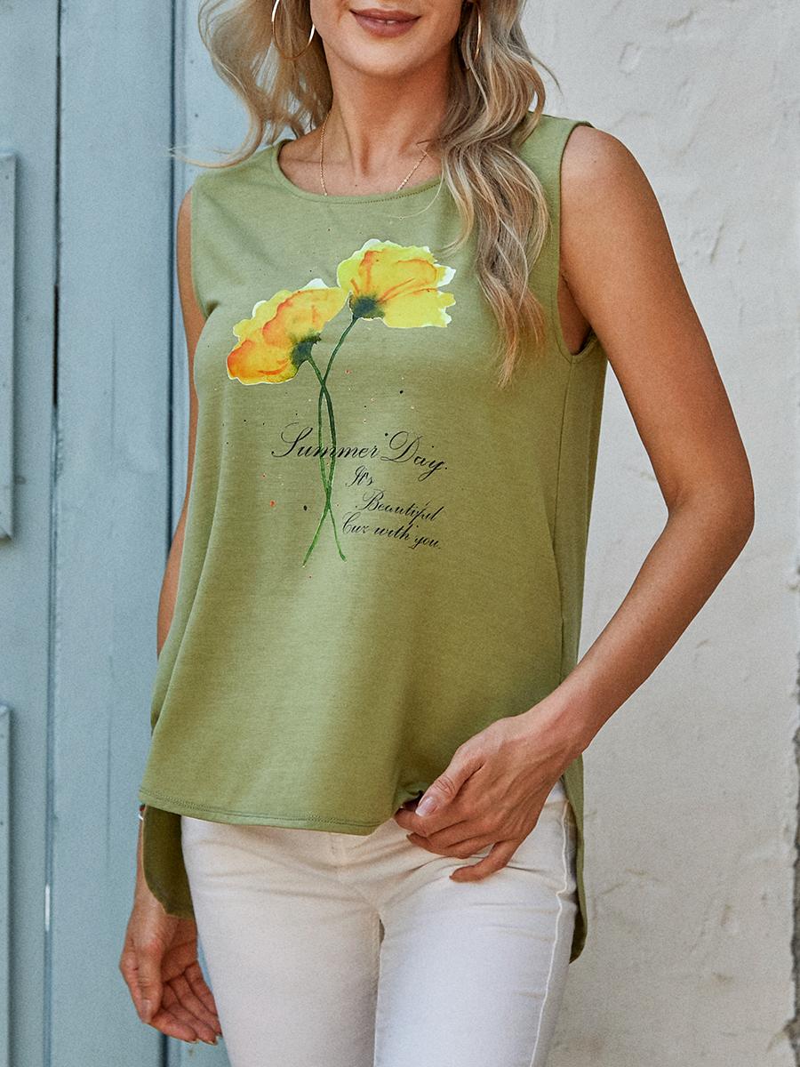 Womens Floral Print Round Neck Sleeveless T-shirt