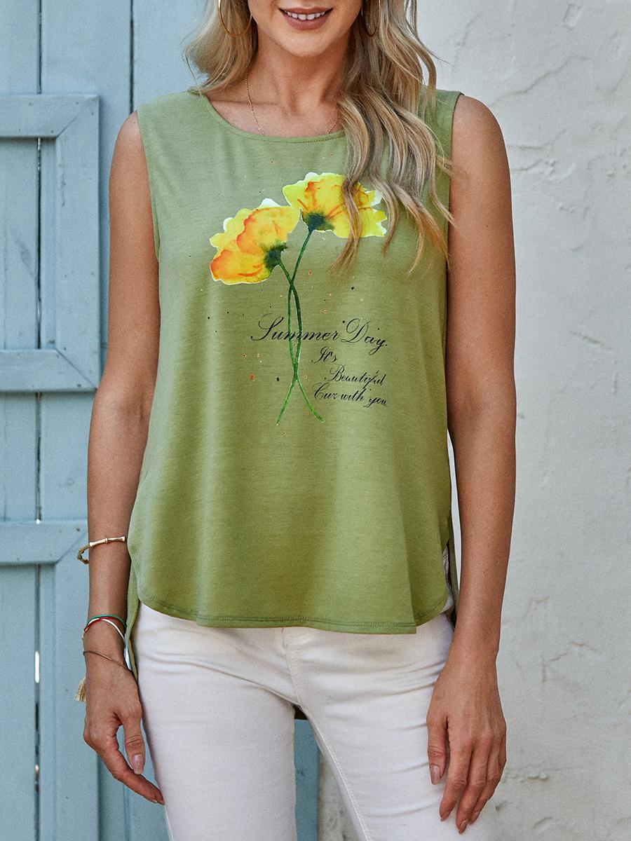 Womens Floral Print Round Neck Sleeveless T-shirt