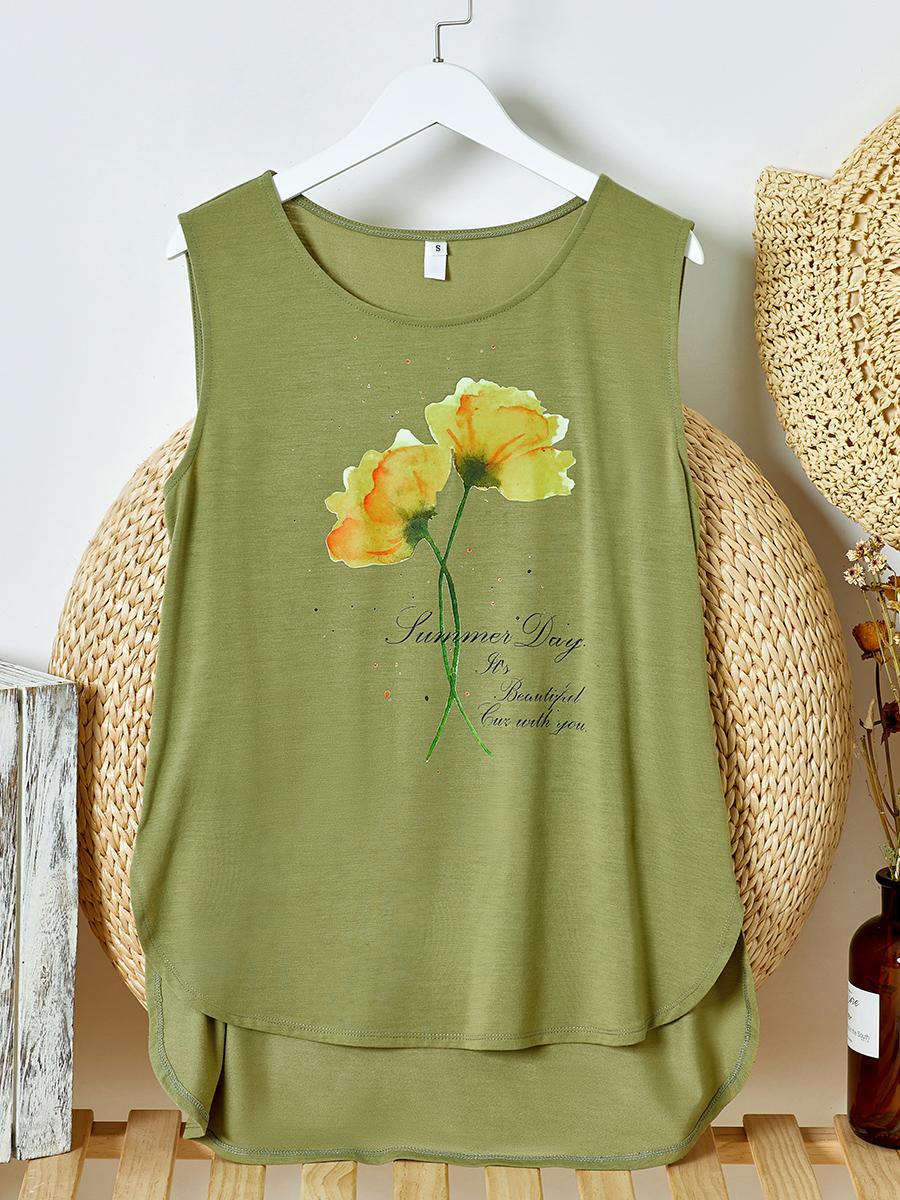 Womens Floral Print Round Neck Sleeveless T-shirt