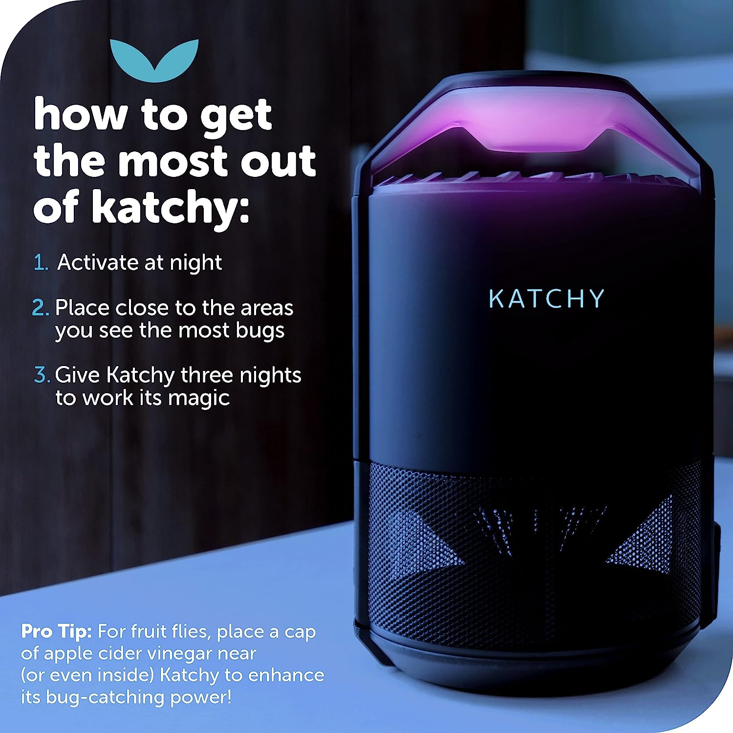 Katchy Indoor Insect Trap - Catcher &amp; Killer for Mosquitos, Gnats, Moths, Fruit Flies - Non-Zapper Traps for Inside Your Home - Catch Insects Indoors with Suction, Bug Light &amp; Sticky Glue (Black)