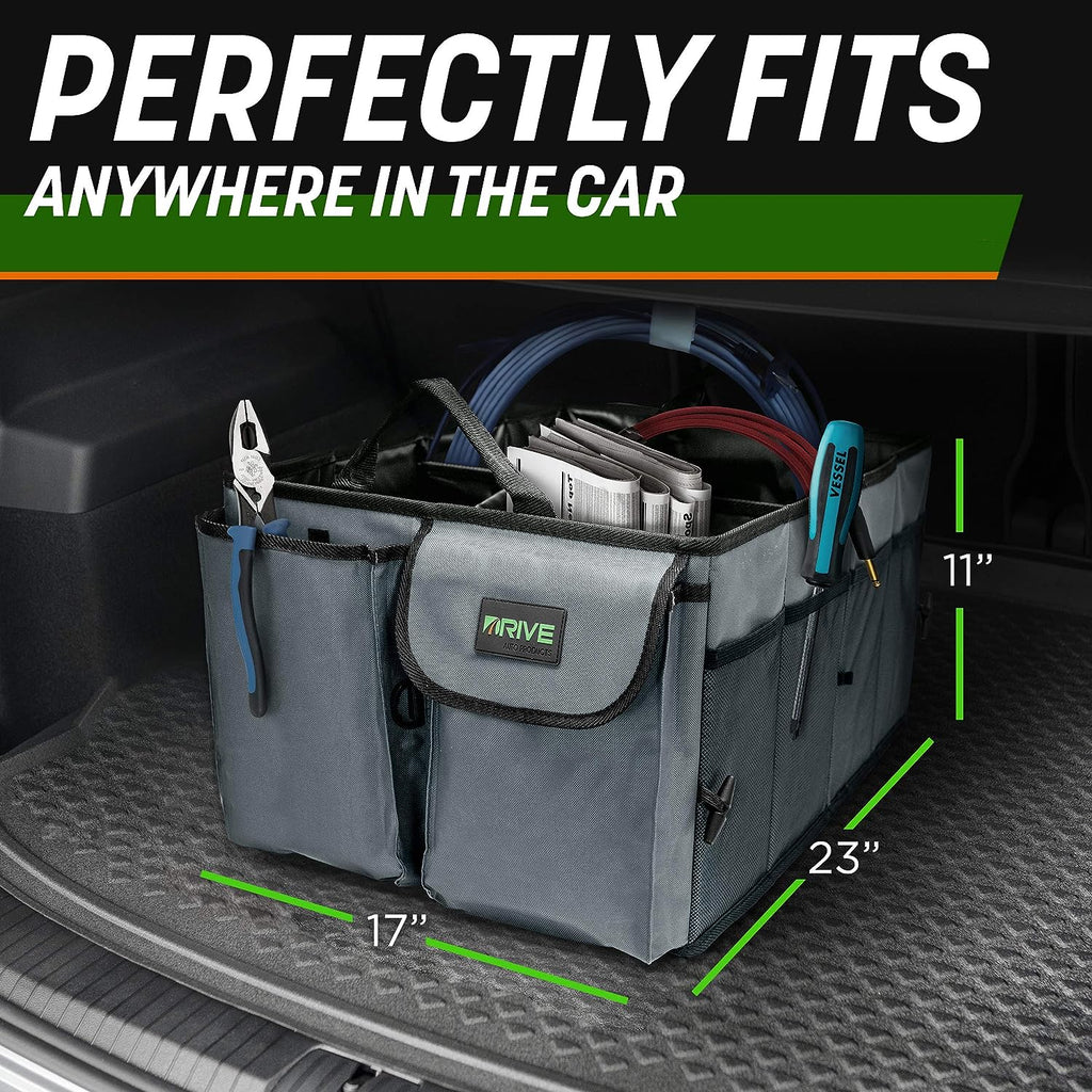 DRIVE AUTO PRODUCTS - Compact Black Car Trunk Organizer with Adjustable Straps