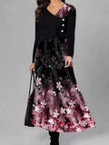 Fashion Flower Print Round Neck Long Sleeve Casual Maxi Dress