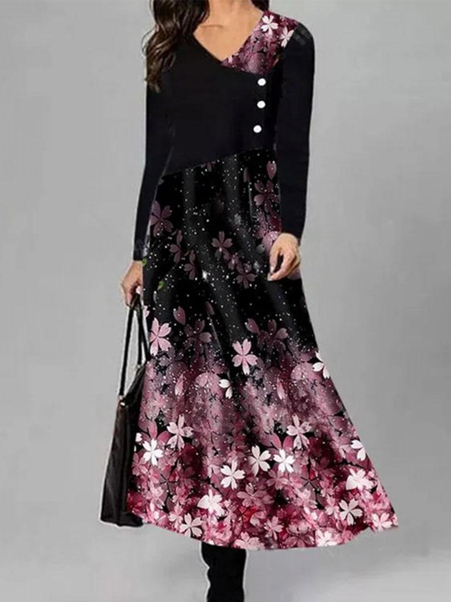 Fashion Flower Print Round Neck Long Sleeve Casual Maxi Dress
