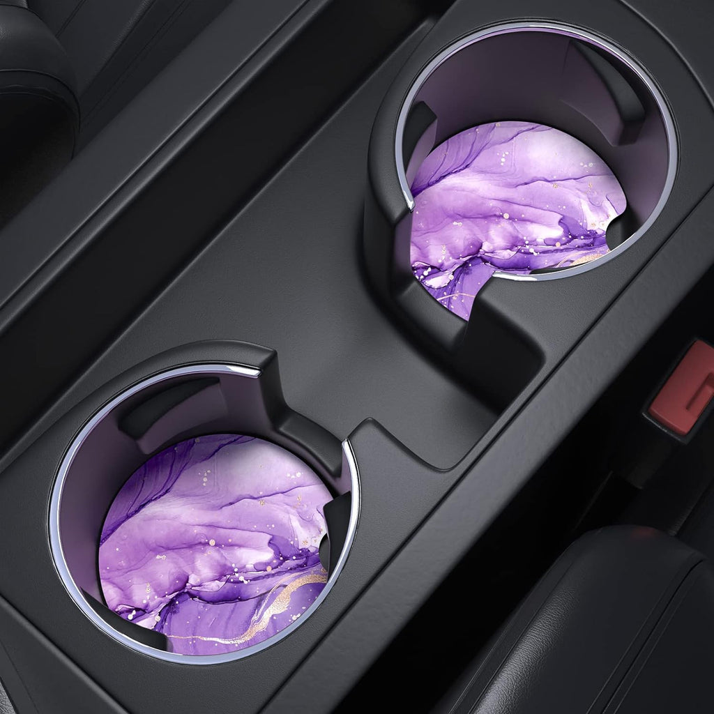 Nipichsha Car Cup Holder Coasters, Car Coasters for Cup Holders, 2 Pack Anti Slip Insert Coasters, Rubber Car Cup Mat with A Finger Notch, Cute Car Interior Accessories for Women Men (Purple Marble)