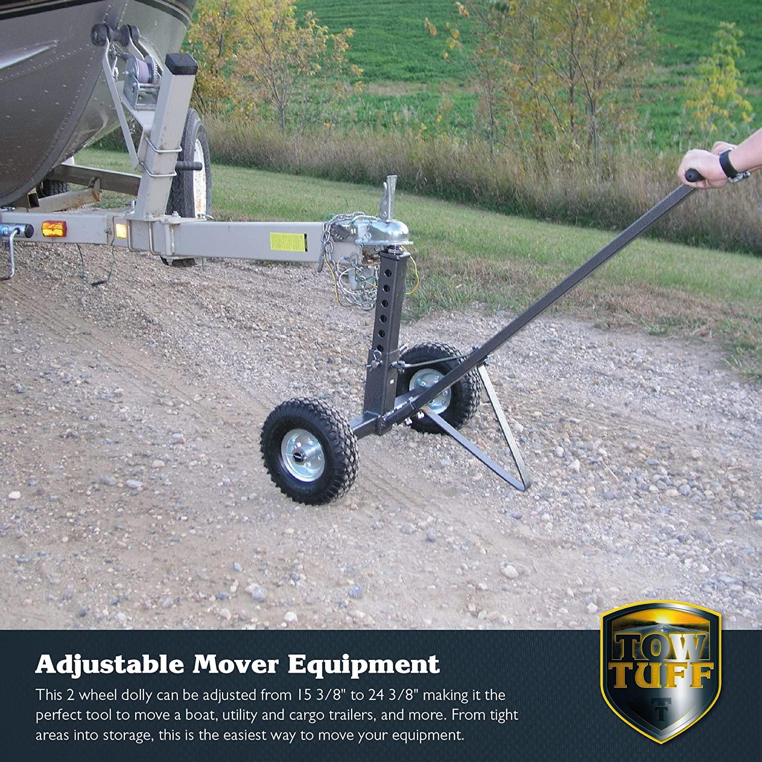 Tow Tuff TMD-600AFF Heavy Duty Solid Steel 600 Pound Capacity Trailer Dolly with Adjustable Hitch Ball Height and 10 Inch Flat  Tires,Black,600 lb Capacity/2 Wheels