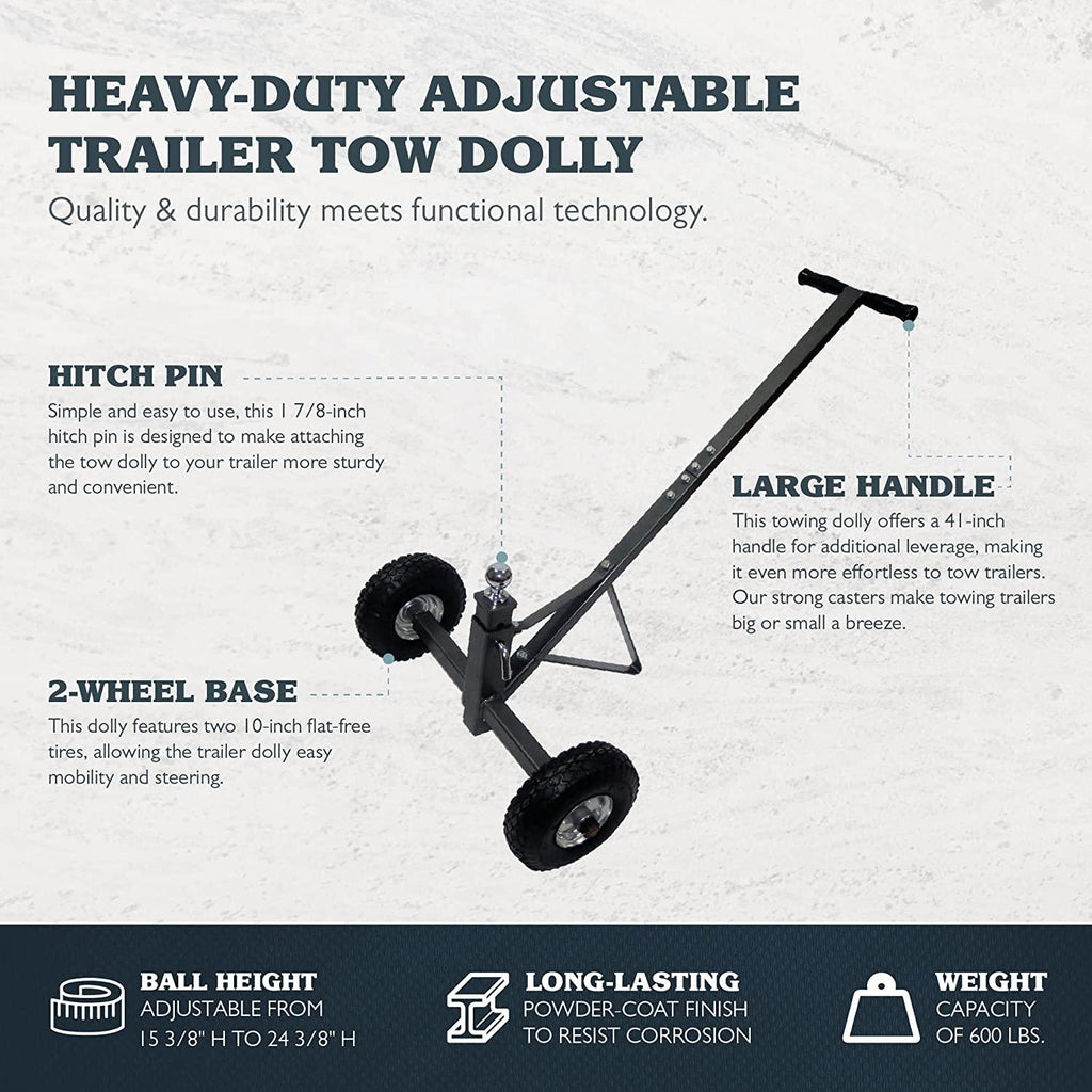 Tow Tuff TMD-600AFF Heavy Duty Solid Steel 600 Pound Capacity Trailer Dolly with Adjustable Hitch Ball Height and 10 Inch Flat  Tires,Black,600 lb Capacity/2 Wheels