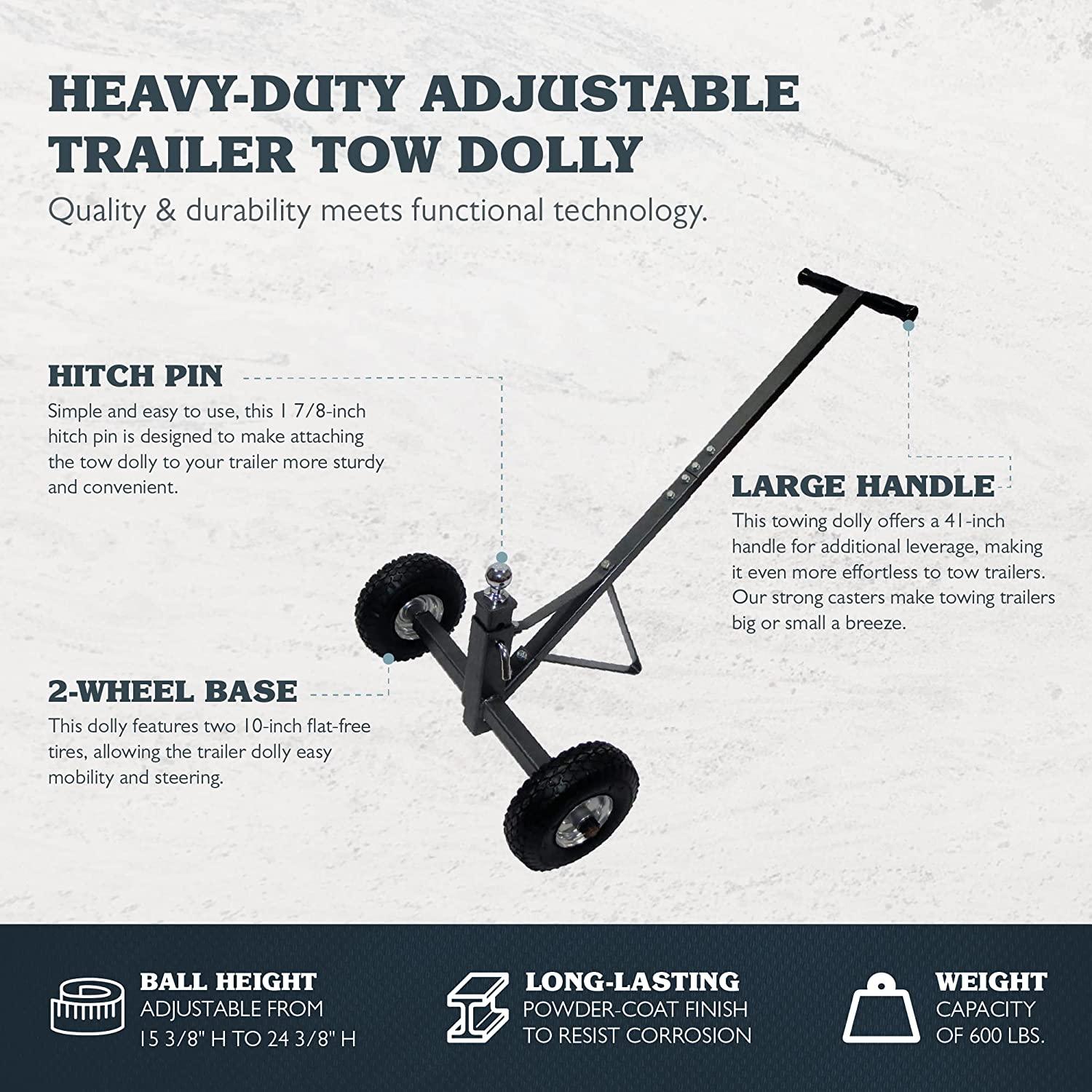 Tow Tuff TMD-600AFF Heavy Duty Solid Steel 600 Pound Capacity Trailer Dolly with Adjustable Hitch Ball Height and 10 Inch Flat  Tires,Black,600 lb Capacity/2 Wheels