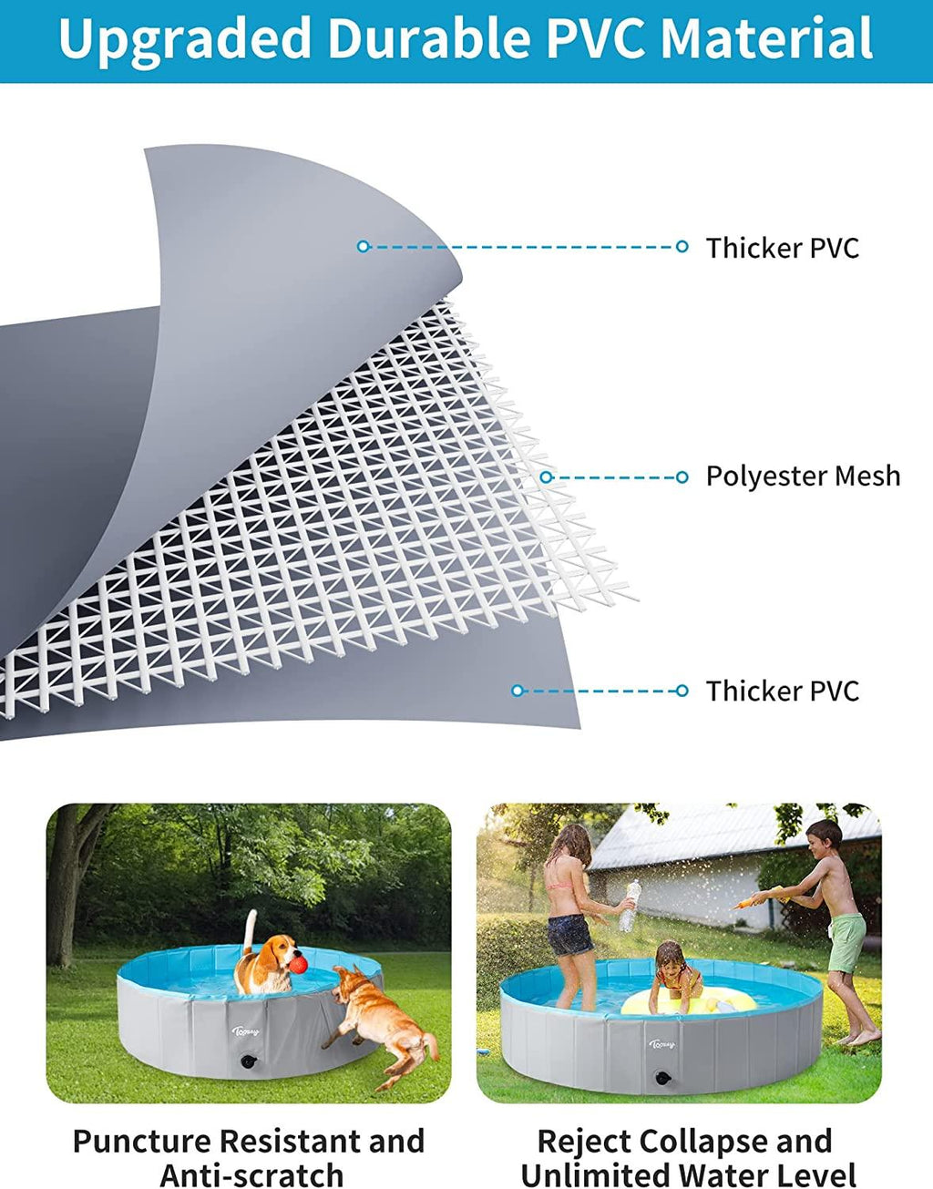 toozey dog pool, slip-resistant kiddie pool hard plastic, foldable pvc dog swimming pool, portable dog pools for large medium small dogs &amp; kids