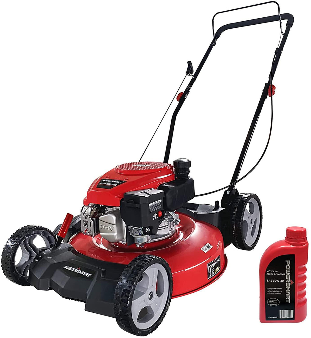 PowerSmart Push Lawn Mower Gas Powered - 21 Inch, Side Discharge and Mulching Lawn Mower with 144cc OHV 4-Stroke Engine, 5 Adjustable Heights 1.18"-3", Oil Included