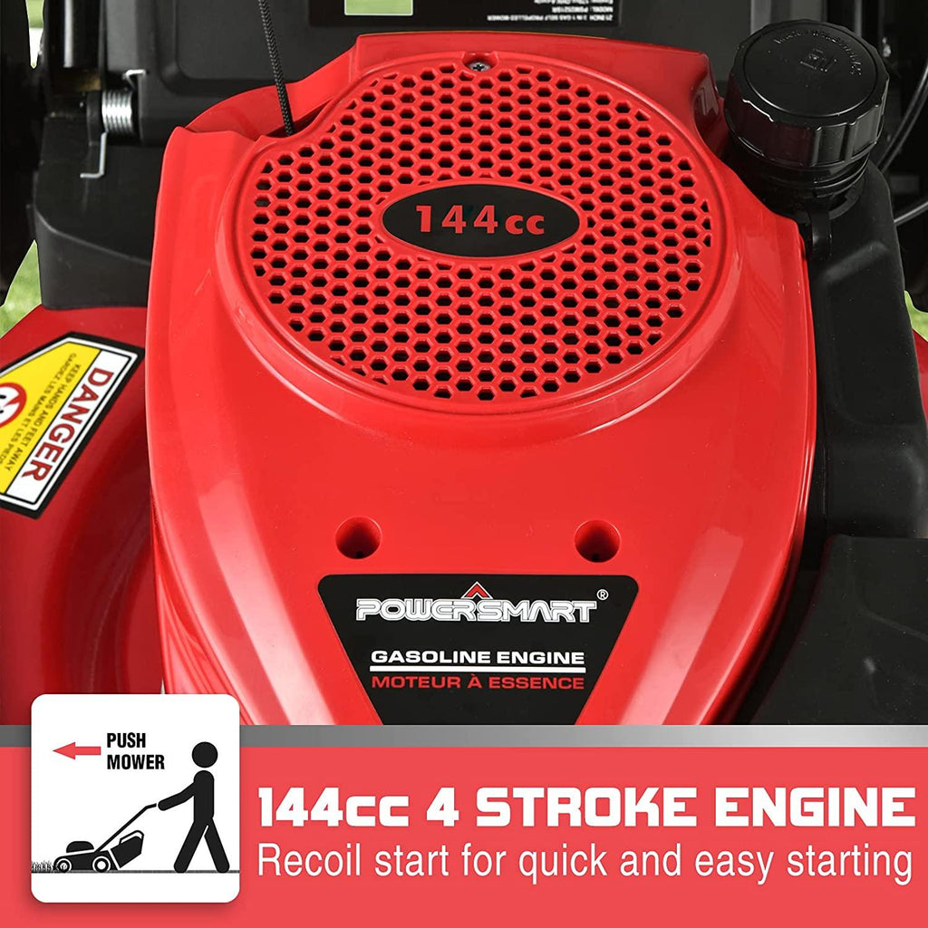 PowerSmart Push Lawn Mower Gas Powered - 21 Inch, Side Discharge and Mulching Lawn Mower with 144cc OHV 4-Stroke Engine, 5 Adjustable Heights 1.18"-3", Oil Included