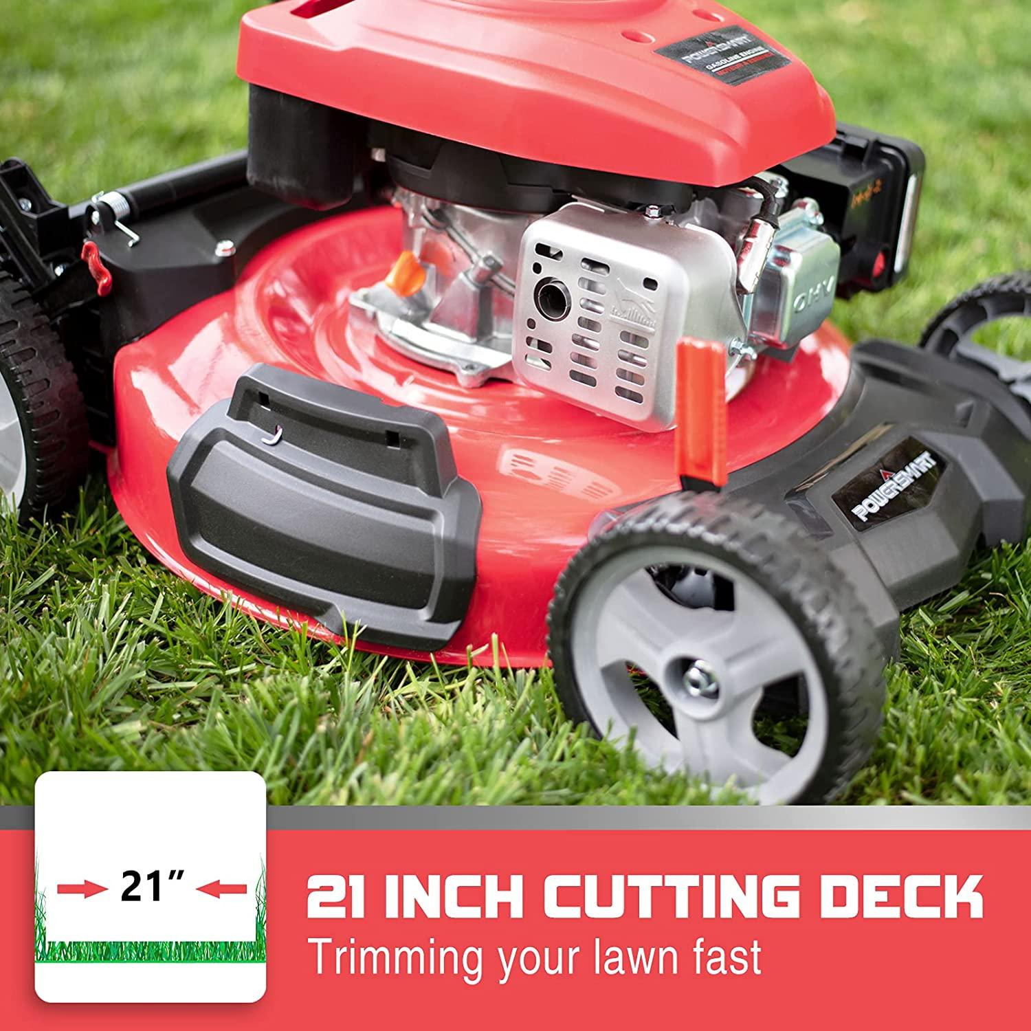 PowerSmart Push Lawn Mower Gas Powered - 21 Inch, Side Discharge and Mulching Lawn Mower with 144cc OHV 4-Stroke Engine, 5 Adjustable Heights 1.18"-3", Oil Included