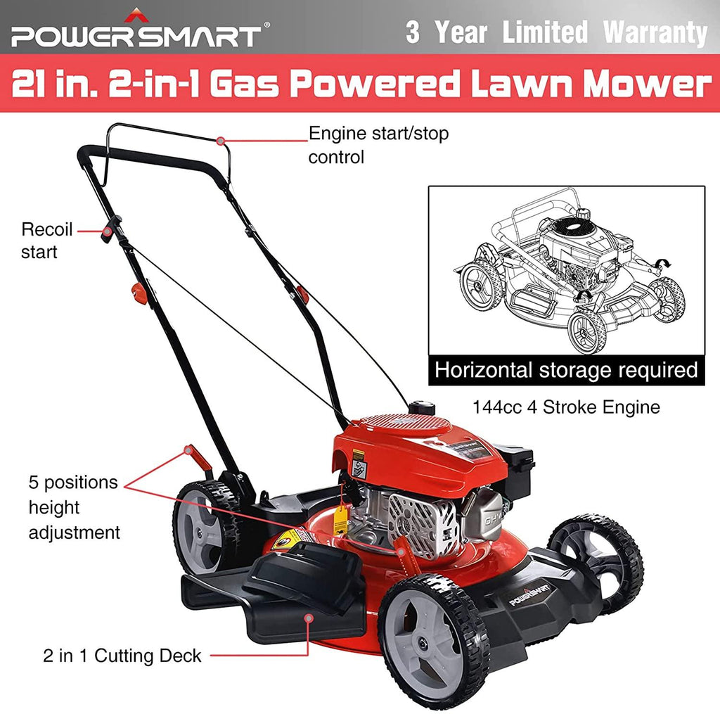 PowerSmart Push Lawn Mower Gas Powered - 21 Inch, Side Discharge and Mulching Lawn Mower with 144cc OHV 4-Stroke Engine, 5 Adjustable Heights 1.18"-3", Oil Included