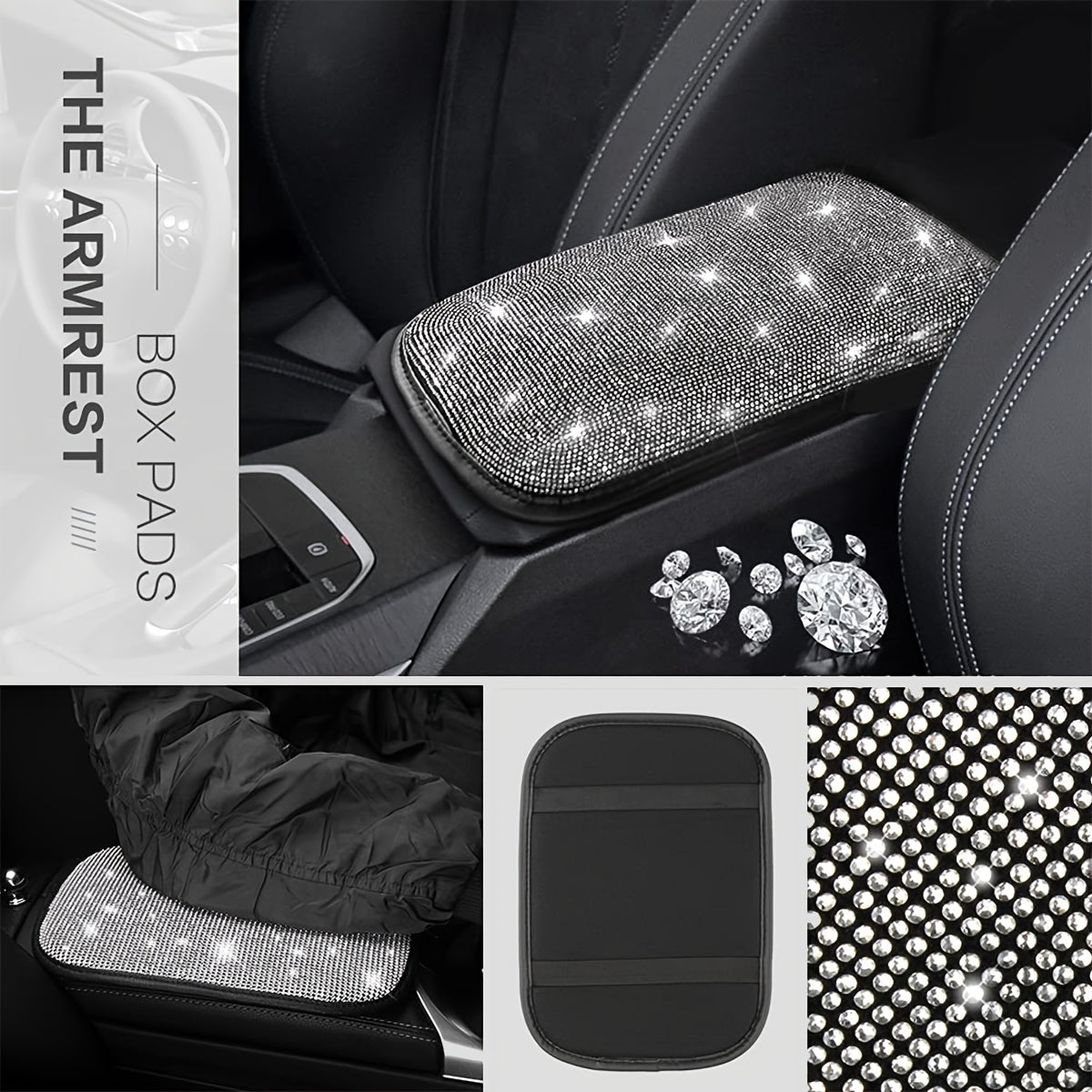 7Pcs/Set Car Decoration Kit, White Artificial Diamond Car Steering Wheel Cover, Center Console Cover Pad, Gear Shift Cover, Ignition Ring, Car Coaster
