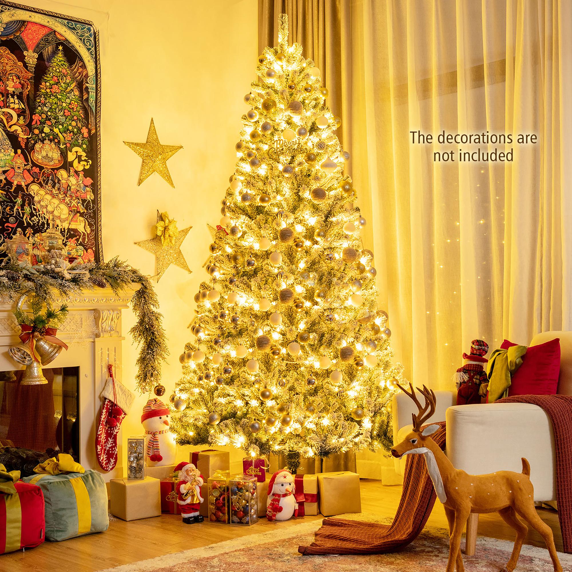 Costway 8ft Pre-lit Snow Flocked Hinged Christmas Tree w/1502 Tips &amp; Metal Stand