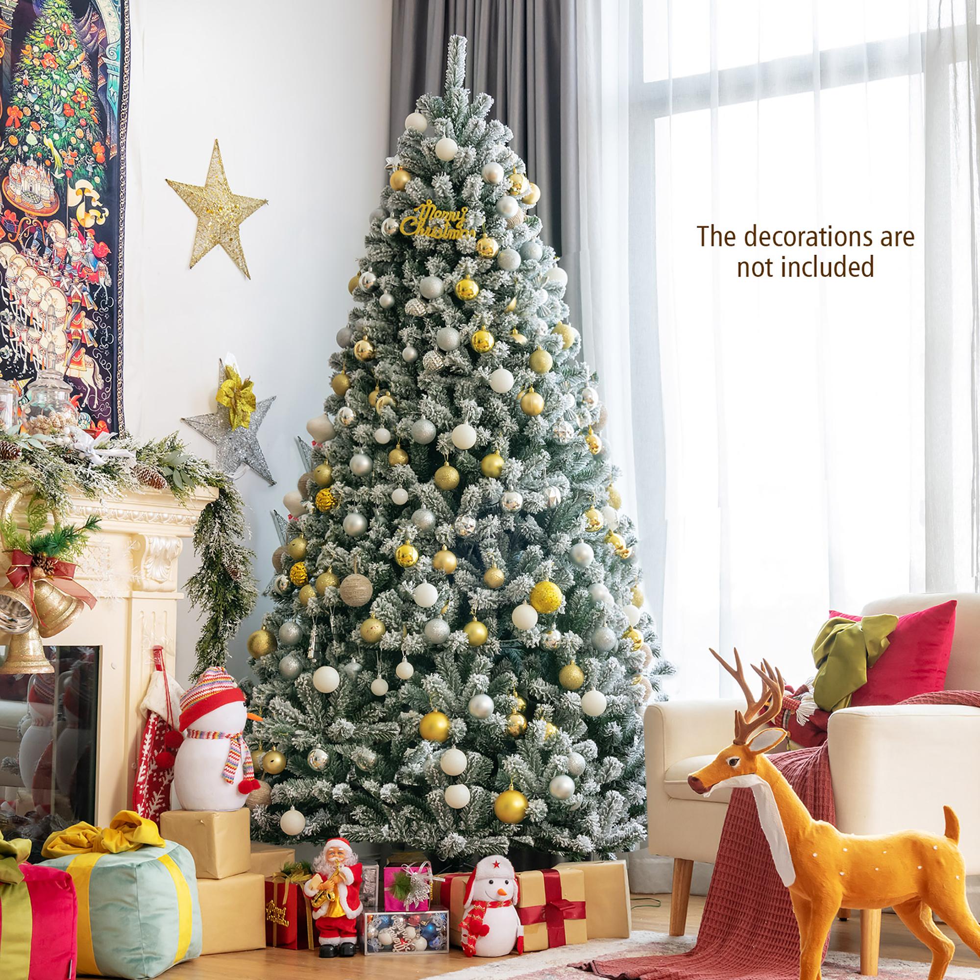 Costway 8ft Pre-lit Snow Flocked Hinged Christmas Tree w/1502 Tips &amp; Metal Stand