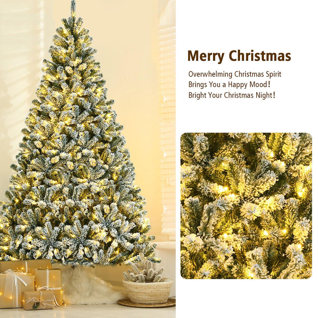 Costway 8ft Pre-lit Snow Flocked Hinged Christmas Tree w/1502 Tips &amp; Metal Stand