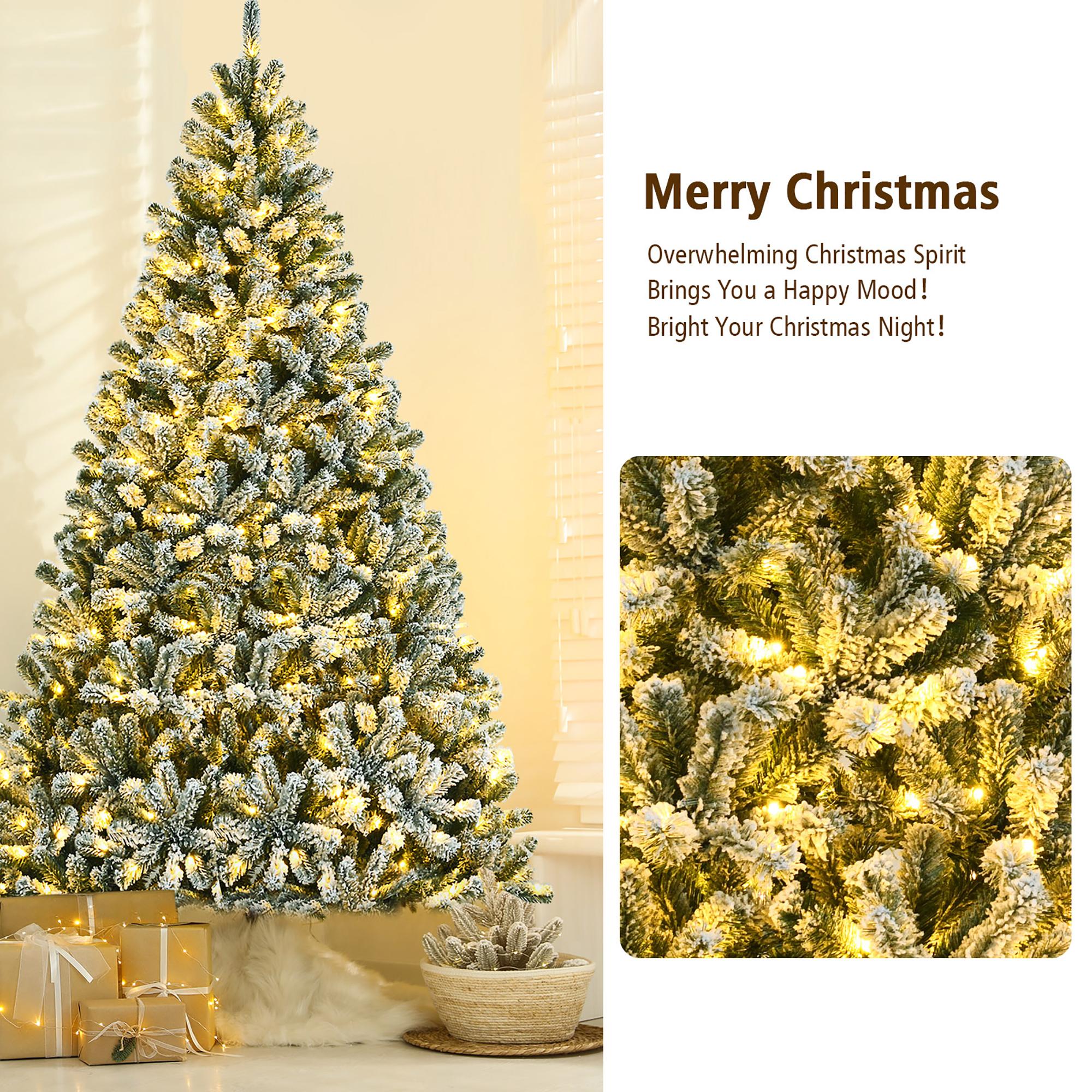 Costway 8ft Pre-lit Snow Flocked Hinged Christmas Tree w/1502 Tips &amp; Metal Stand