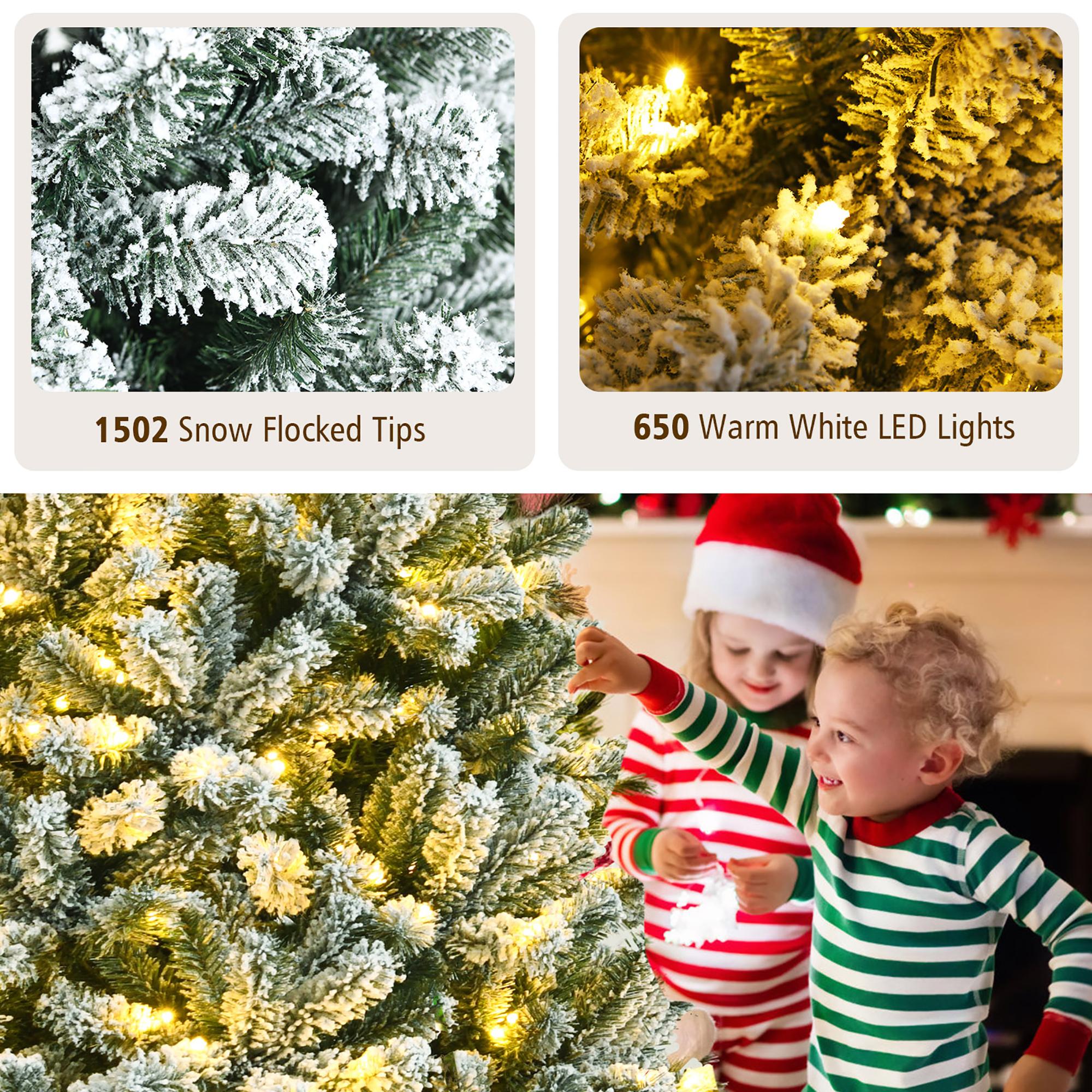 Costway 8ft Pre-lit Snow Flocked Hinged Christmas Tree w/1502 Tips &amp; Metal Stand
