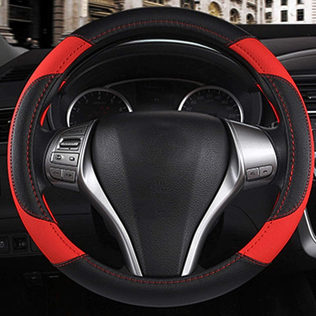 Leather Car Steering Wheel Cover, Non-Slip Car Wheel Cover Protector Breathable Microfiber Leather Universal Fit for Most Cars (Black &amp; Red)