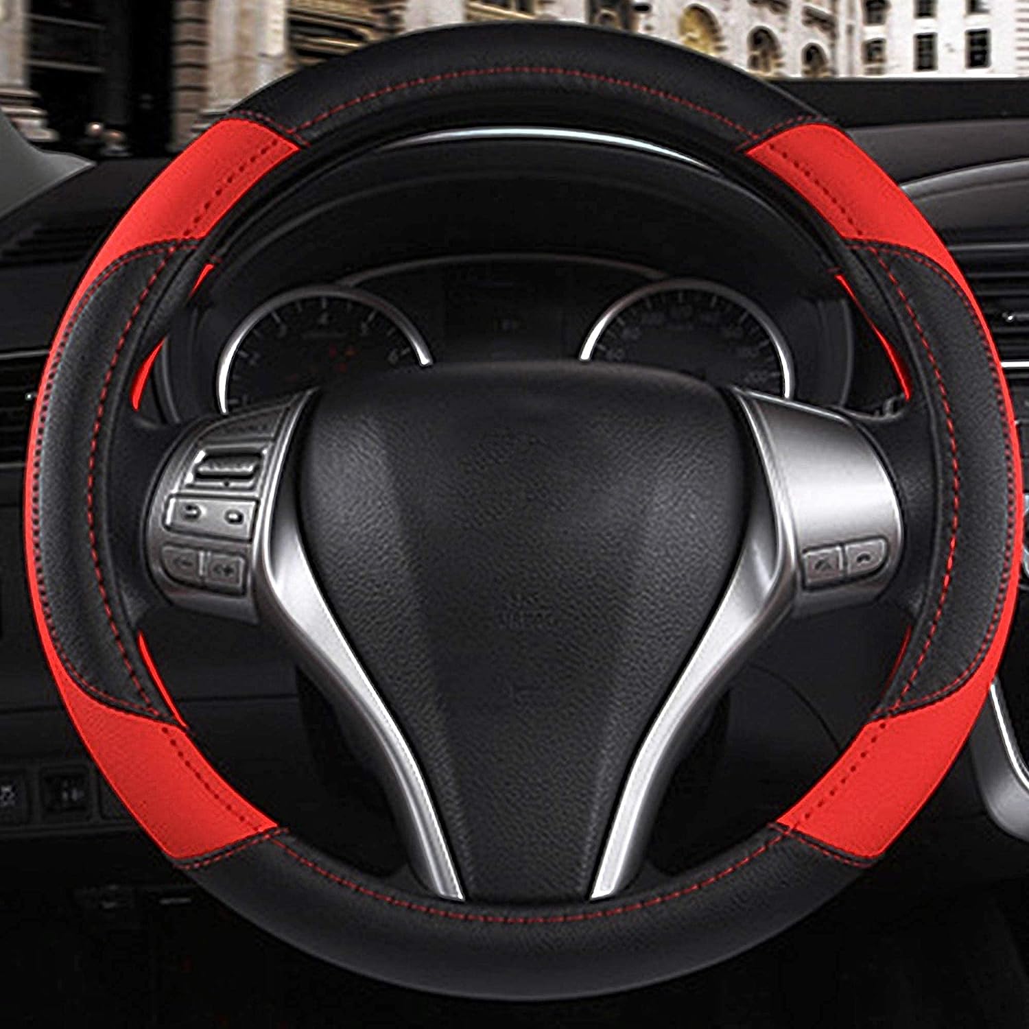 Leather Car Steering Wheel Cover, Non-Slip Car Wheel Cover Protector Breathable Microfiber Leather Universal Fit for Most Cars (Black &amp; Red)