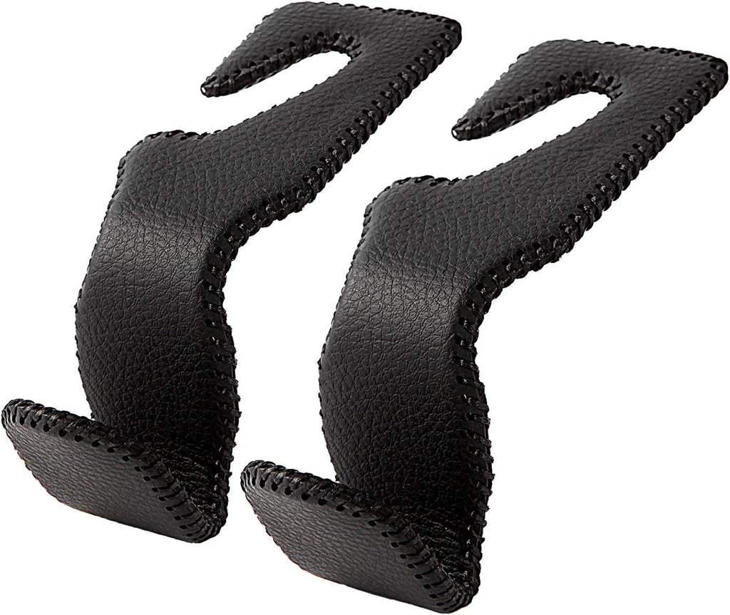 AMVOYOA Headrest Hooks for Car, Back Seat Organizer Black Leather Hanger Holder Hook, for Hanging Purses and Bags and Coats, Pack of 2